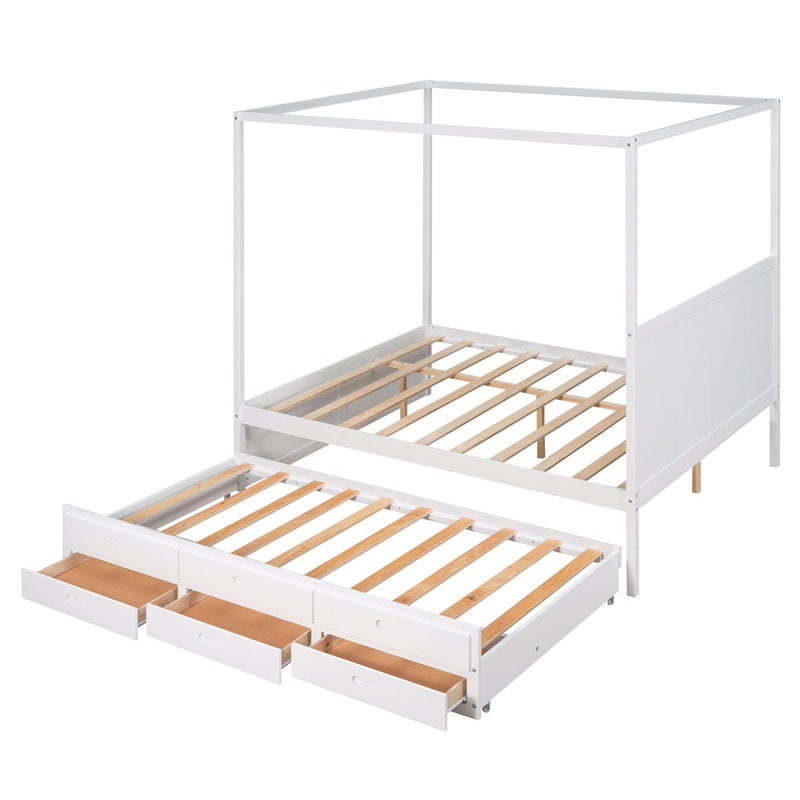 Queen Size Canopy Platform Bed with Twin Size Trundle and Three Storage Drawers,White - Supfirm