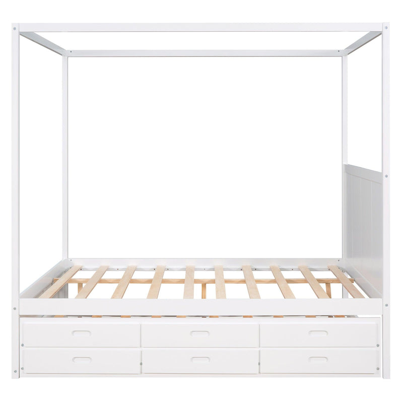 Queen Size Canopy Platform Bed with Twin Size Trundle and Three Storage Drawers,White - Supfirm