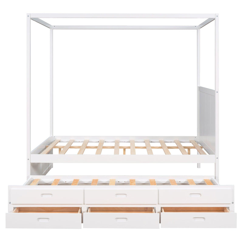 Queen Size Canopy Platform Bed with Twin Size Trundle and Three Storage Drawers,White - Supfirm