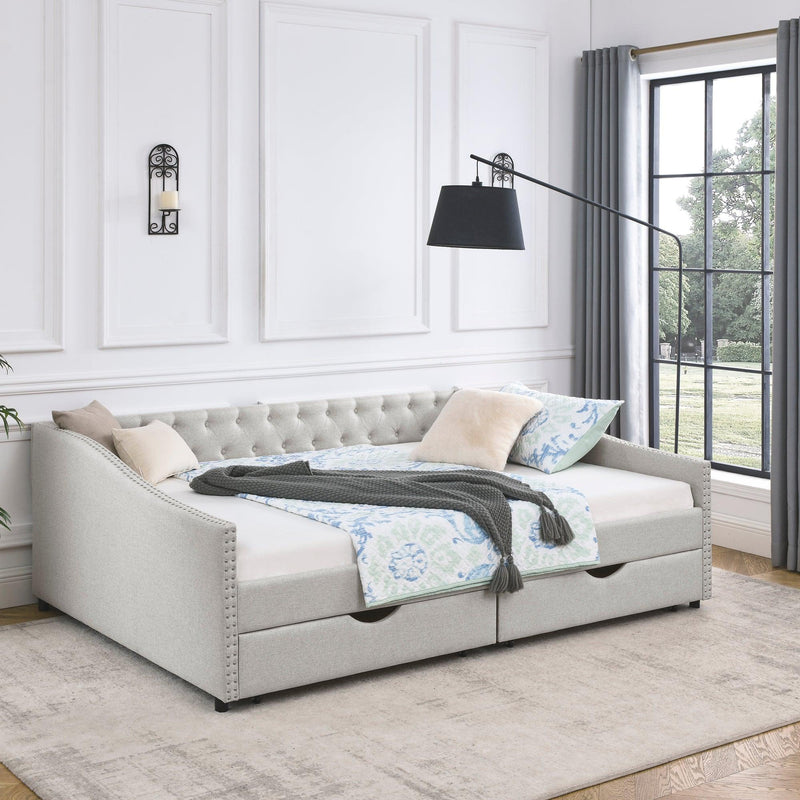 Queen Size Daybed with Drawers Upholstered Tufted Sofa Bed,,with Button on Back and Copper Nail on Waved Shape Arms, Beige (84.5"x63.5"x26.5") - Supfirm