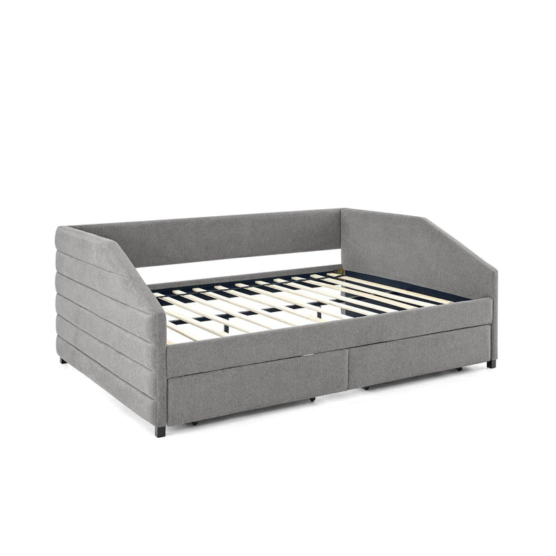 Queen Size Daybed with Two Drawers Trundle Upholstered Tufted Sofa Bed, Linen Fabric, Grey (88"x64.5"x34") - Supfirm