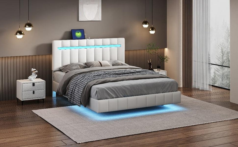 Queen Size Floating Bed Frame with LED Lights and USB Charging,Modern Upholstered Platform LED Bed Frame, White - Supfirm