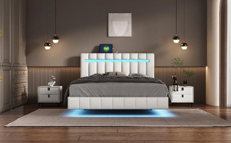 Queen Size Floating Bed Frame with LED Lights and USB Charging,Modern Upholstered Platform LED Bed Frame, White - Supfirm