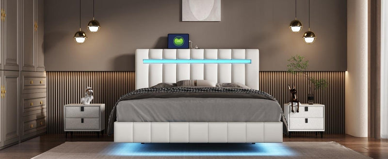 Queen Size Floating Bed Frame with LED Lights and USB Charging,Modern Upholstered Platform LED Bed Frame, White - Supfirm