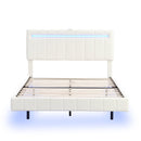 Queen Size Floating Bed Frame with LED Lights and USB Charging,Modern Upholstered Platform LED Bed Frame, White - Supfirm