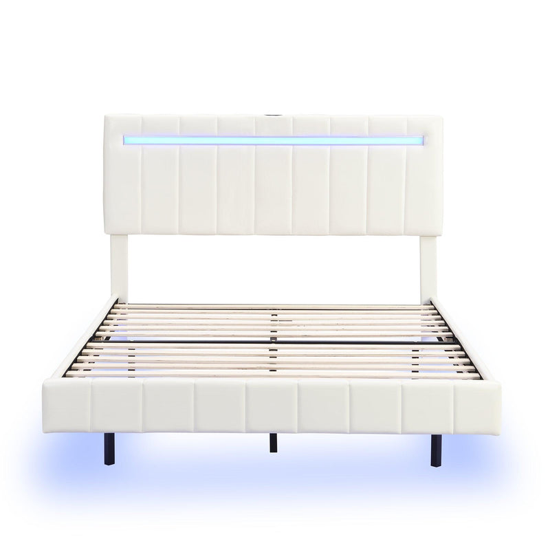 Queen Size Floating Bed Frame with LED Lights and USB Charging,Modern Upholstered Platform LED Bed Frame, White - Supfirm