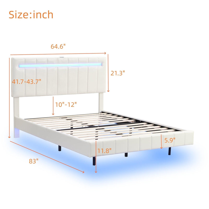 Queen Size Floating Bed Frame with LED Lights and USB Charging,Modern Upholstered Platform LED Bed Frame, White - Supfirm