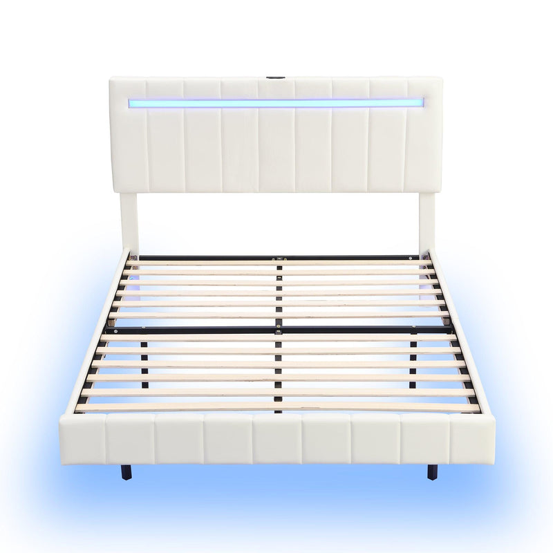 Queen Size Floating Bed Frame with LED Lights and USB Charging,Modern Upholstered Platform LED Bed Frame, White - Supfirm