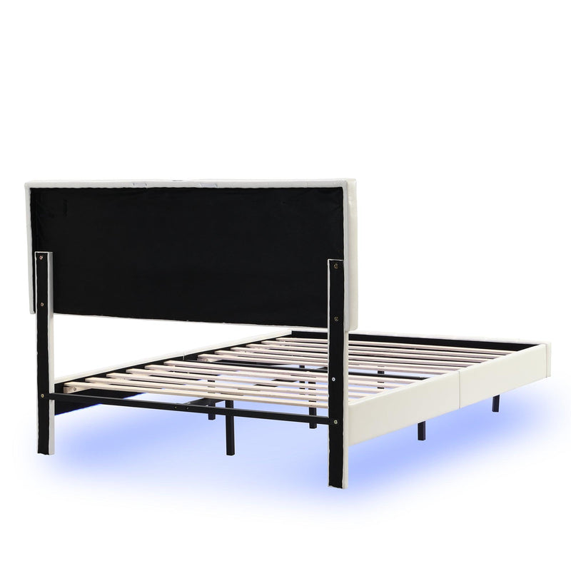 Queen Size Floating Bed Frame with LED Lights and USB Charging,Modern Upholstered Platform LED Bed Frame, White - Supfirm