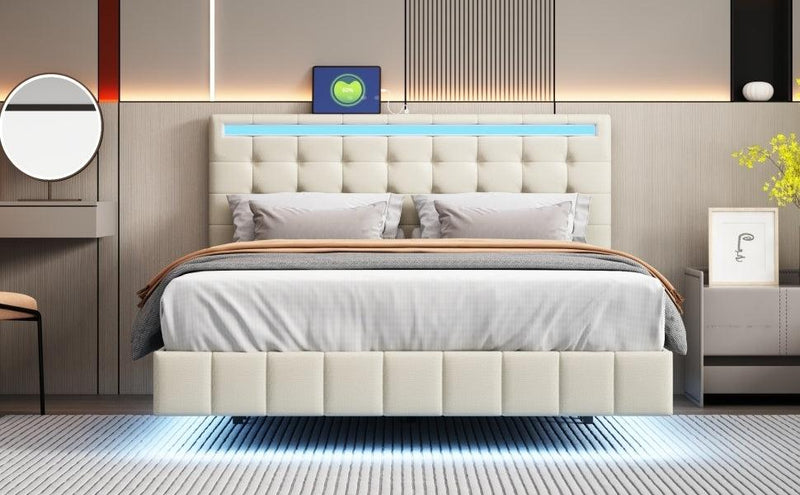 Queen Size Floating Bed Frame with LED Lights and USB Charging,Modern Upholstered Platform LED Bed Frame,Beige - Supfirm