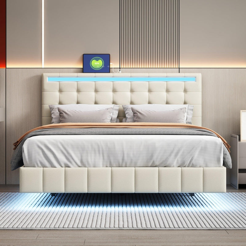 Queen Size Floating Bed Frame with LED Lights and USB Charging,Modern Upholstered Platform LED Bed Frame,Beige - Supfirm