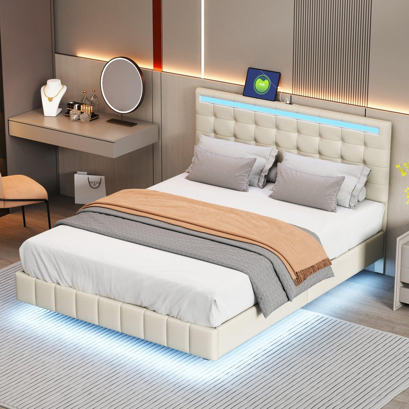 Queen Size Floating Bed Frame with LED Lights and USB Charging,Modern Upholstered Platform LED Bed Frame,Beige - Supfirm