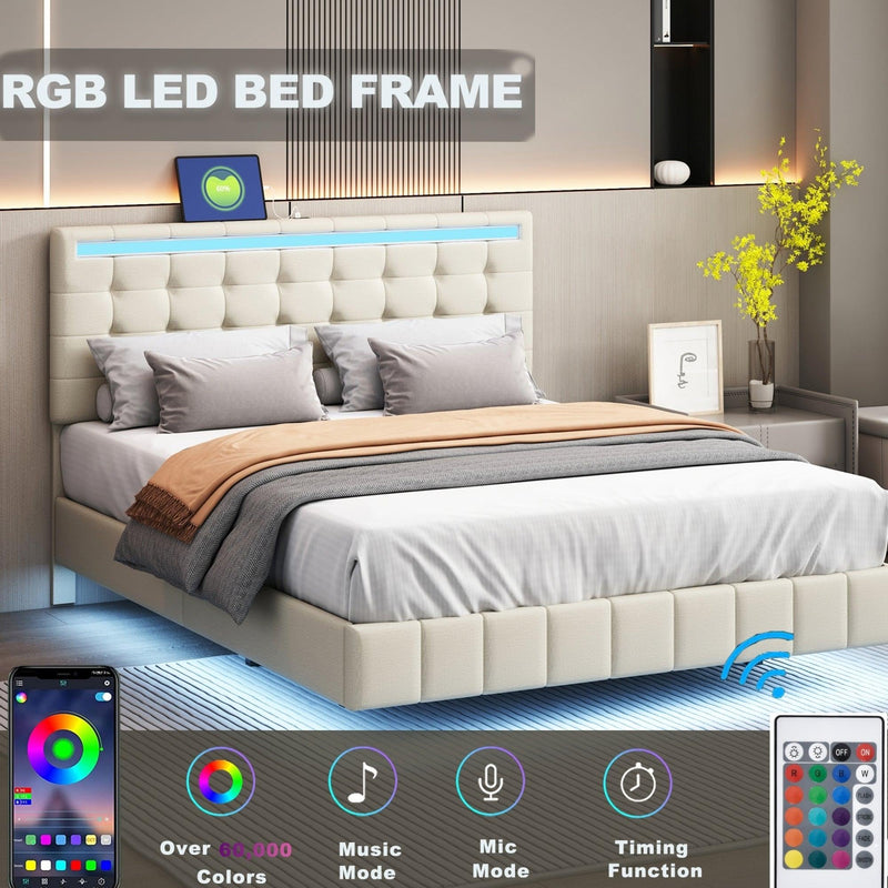 Queen Size Floating Bed Frame with LED Lights and USB Charging,Modern Upholstered Platform LED Bed Frame,Beige - Supfirm