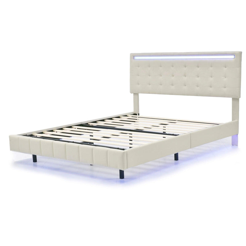 Queen Size Floating Bed Frame with LED Lights and USB Charging,Modern Upholstered Platform LED Bed Frame,Beige - Supfirm