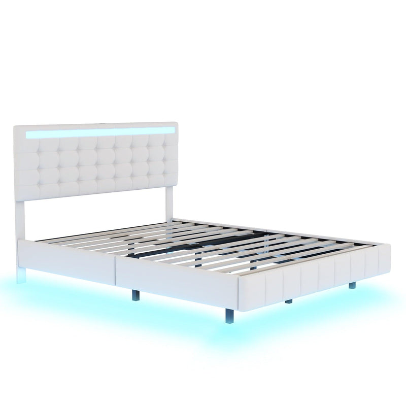 Queen Size Floating Bed Frame with LED Lights and USB Charging,Modern Upholstered Platform LED Bed Frame,White - Supfirm