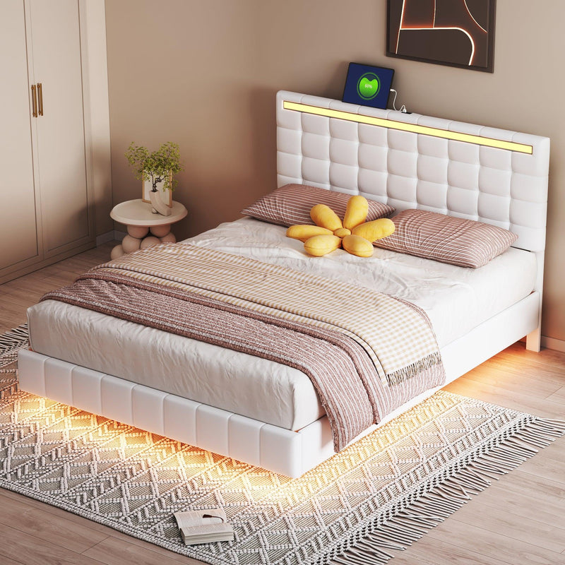 Queen Size Floating Bed Frame with LED Lights and USB Charging,Modern Upholstered Platform LED Bed Frame,White - Supfirm