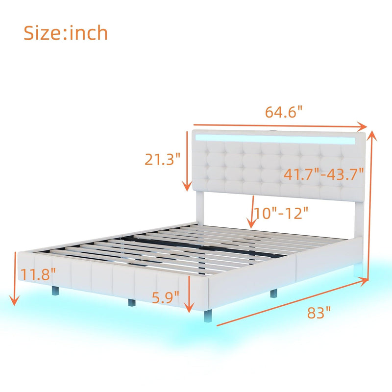 Queen Size Floating Bed Frame with LED Lights and USB Charging,Modern Upholstered Platform LED Bed Frame,White - Supfirm