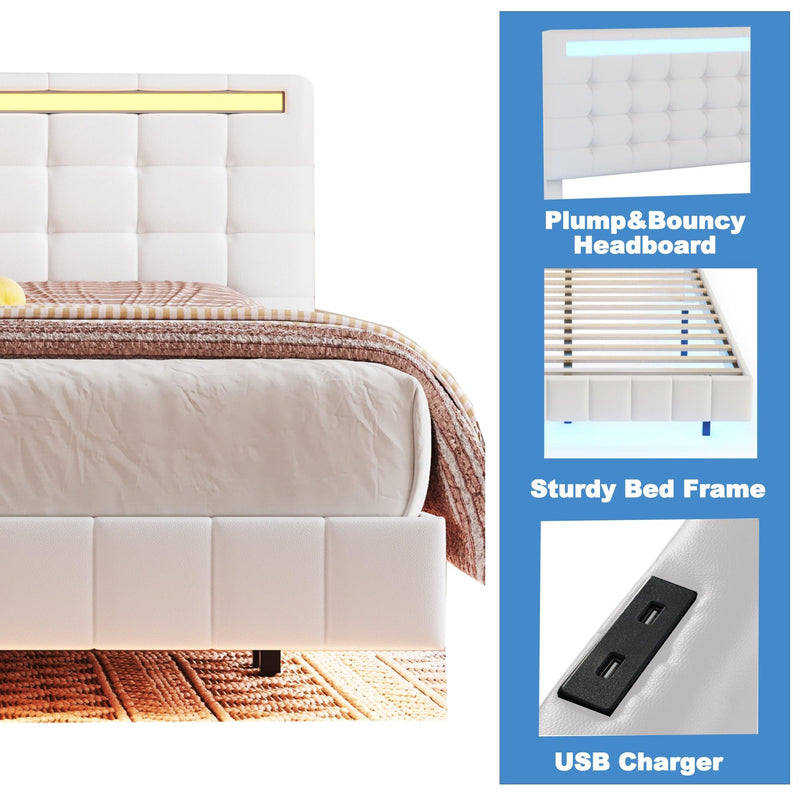 Queen Size Floating Bed Frame with LED Lights and USB Charging,Modern Upholstered Platform LED Bed Frame,White - Supfirm