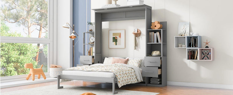 Queen Size Murphy Bed Wall Bed with Shelves, Drawers and LED Lights,Gray - Supfirm