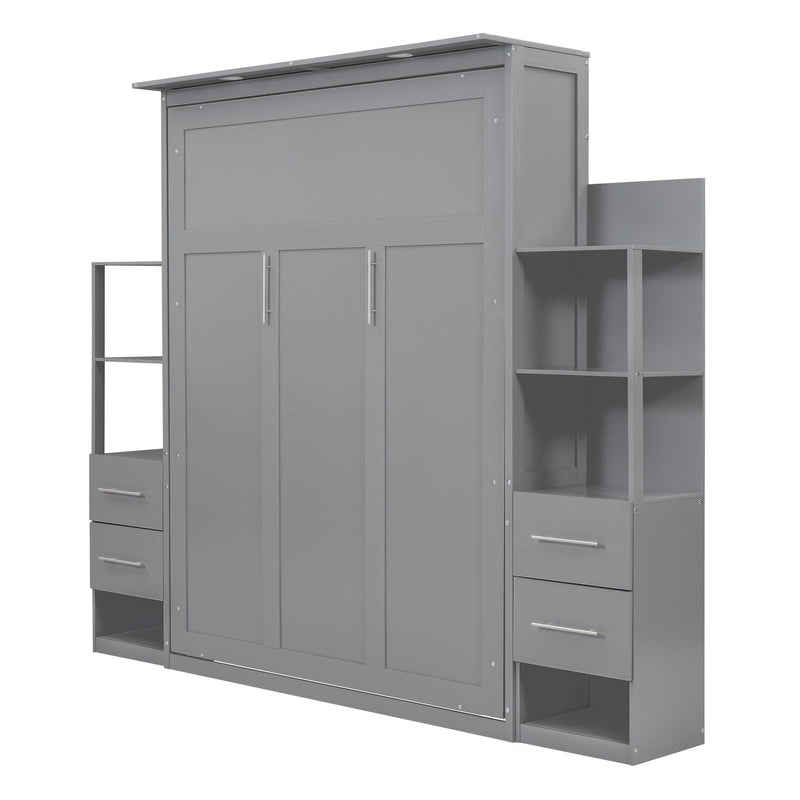 Queen Size Murphy Bed Wall Bed with Shelves, Drawers and LED Lights,Gray - Supfirm