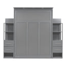 Queen Size Murphy Bed Wall Bed with Shelves, Drawers and LED Lights,Gray - Supfirm