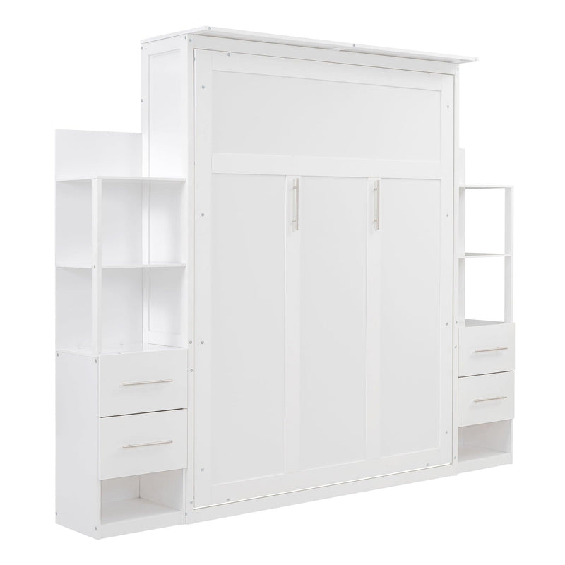 Queen Size Murphy Bed Wall Bed with Shelves, Drawers and LED Lights,White - Supfirm