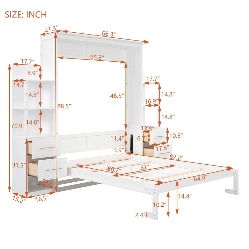 Queen Size Murphy Bed Wall Bed with Shelves, Drawers and LED Lights,White - Supfirm