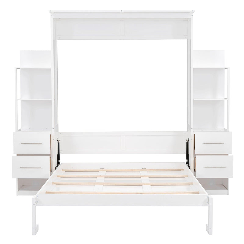 Queen Size Murphy Bed Wall Bed with Shelves, Drawers and LED Lights,White - Supfirm