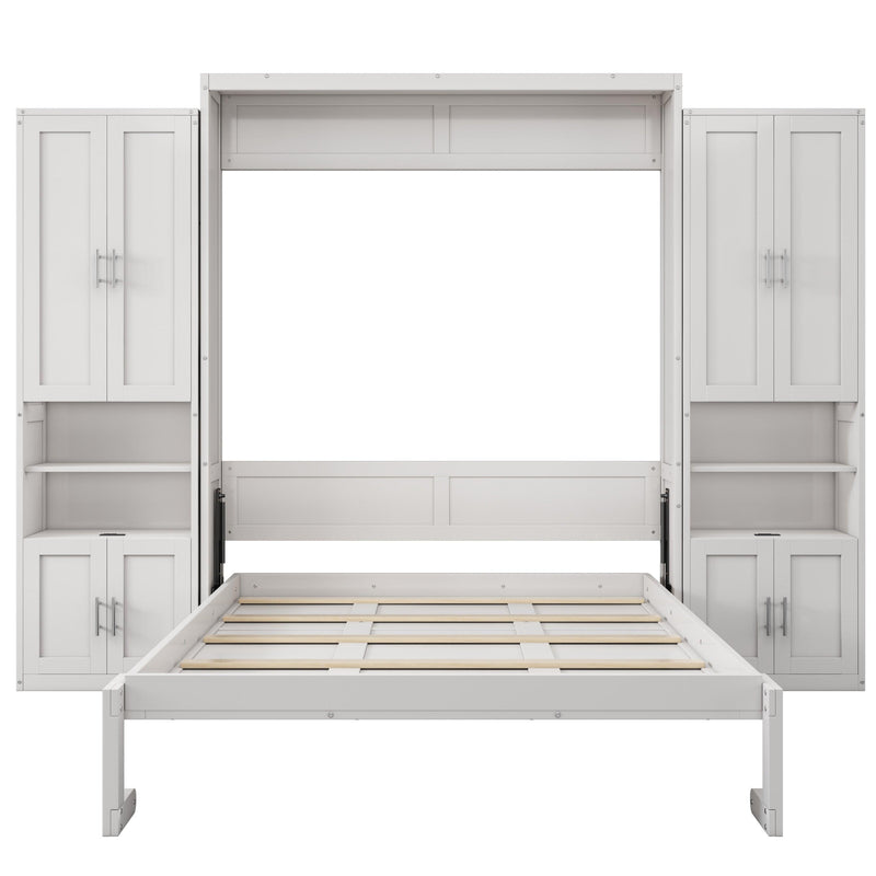 Queen Size Murphy Bed with 2 Side Cabinet Storage Shelves, 68-inch Cabinet Bed Folding Wall Bed with Desk Combo Perfect for Guest Room, Study, Office, Antique Grey White - Supfirm