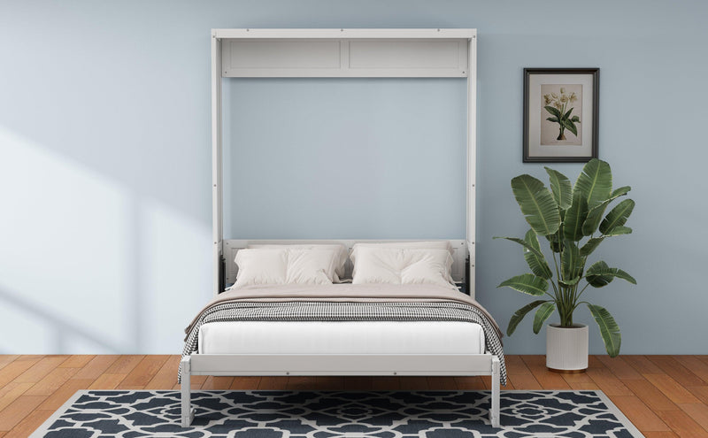 Queen Size Murphy Bed with 2 Side Cabinet Storage Shelves, 68-inch Cabinet Bed Folding Wall Bed with Desk Combo Perfect for Guest Room, Study, Office, Antique Grey White - Supfirm