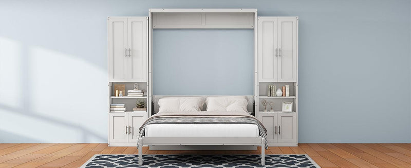 Queen Size Murphy Bed with 2 Side Cabinet Storage Shelves, 68-inch Cabinet Bed Folding Wall Bed with Desk Combo Perfect for Guest Room, Study, Office, Antique Grey White - Supfirm