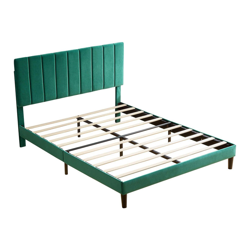 Queen Size Platform Bed with Upholstered Headboard and Slat Support, Heavy Duty Mattress Foundation, No Box Spring Required, Easy to Assemble, Green - Supfirm