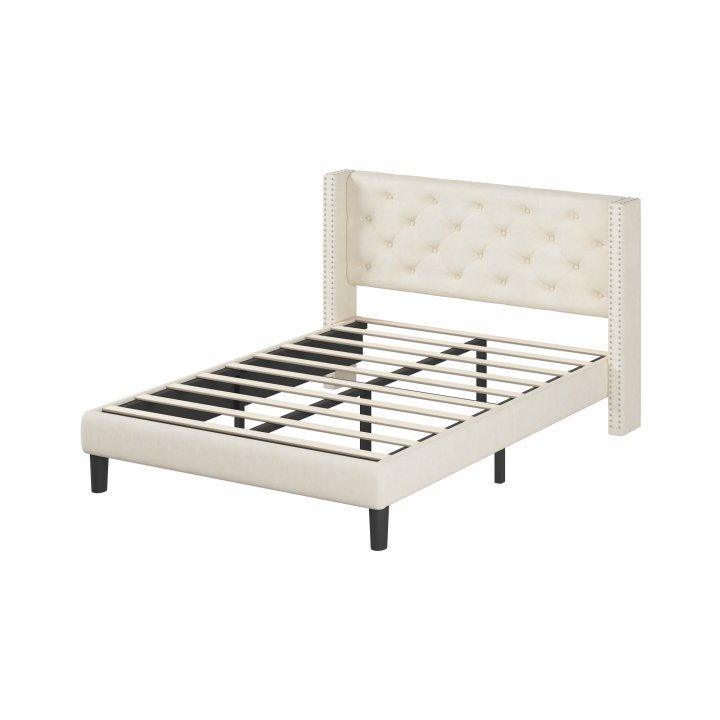 Queen Size Platform Bed with Upholstered Headboard and Slat Support, Heavy Duty Mattress Foundation, No Box Spring Required, Easy to Assemble,Beige - Supfirm