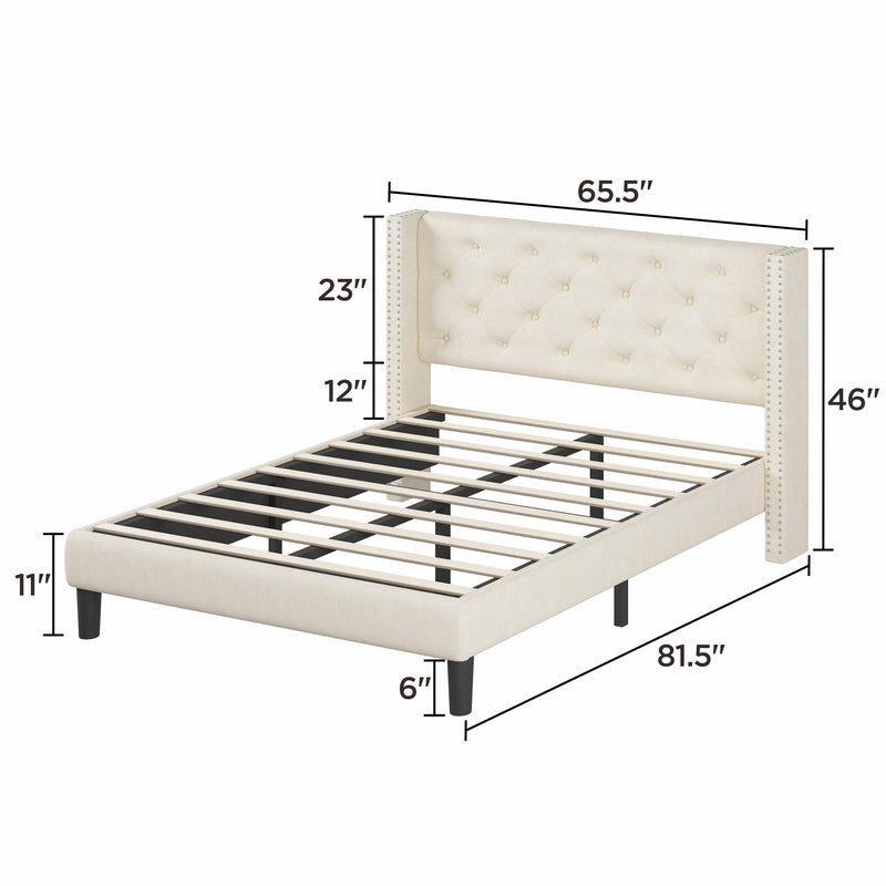 Queen Size Platform Bed with Upholstered Headboard and Slat Support, Heavy Duty Mattress Foundation, No Box Spring Required, Easy to Assemble,Beige - Supfirm