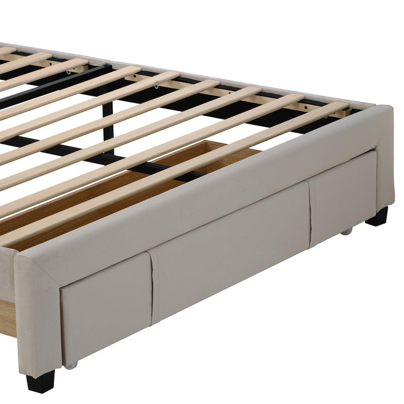 Queen Size Storage Bed Velvet Upholstered Platform Bed with a Big Drawer - Beige - Supfirm