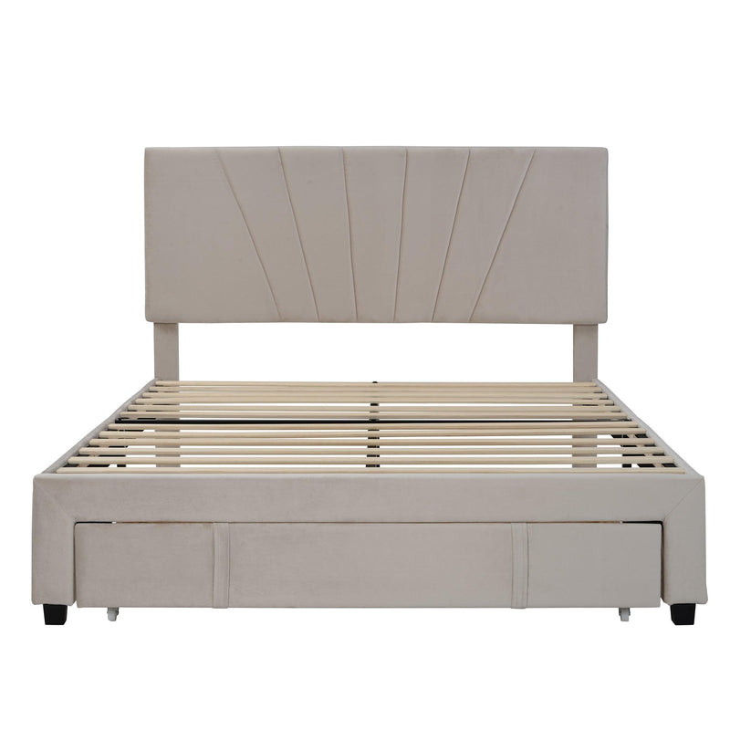 Queen Size Storage Bed Velvet Upholstered Platform Bed with a Big Drawer - Beige - Supfirm