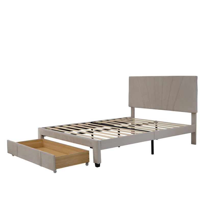 Queen Size Storage Bed Velvet Upholstered Platform Bed with a Big Drawer - Beige - Supfirm