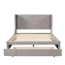 Queen Size Storage Bed Velvet Upholstered Platform Bed with Wingback Headboard and a Big Drawer (Gray) - Supfirm