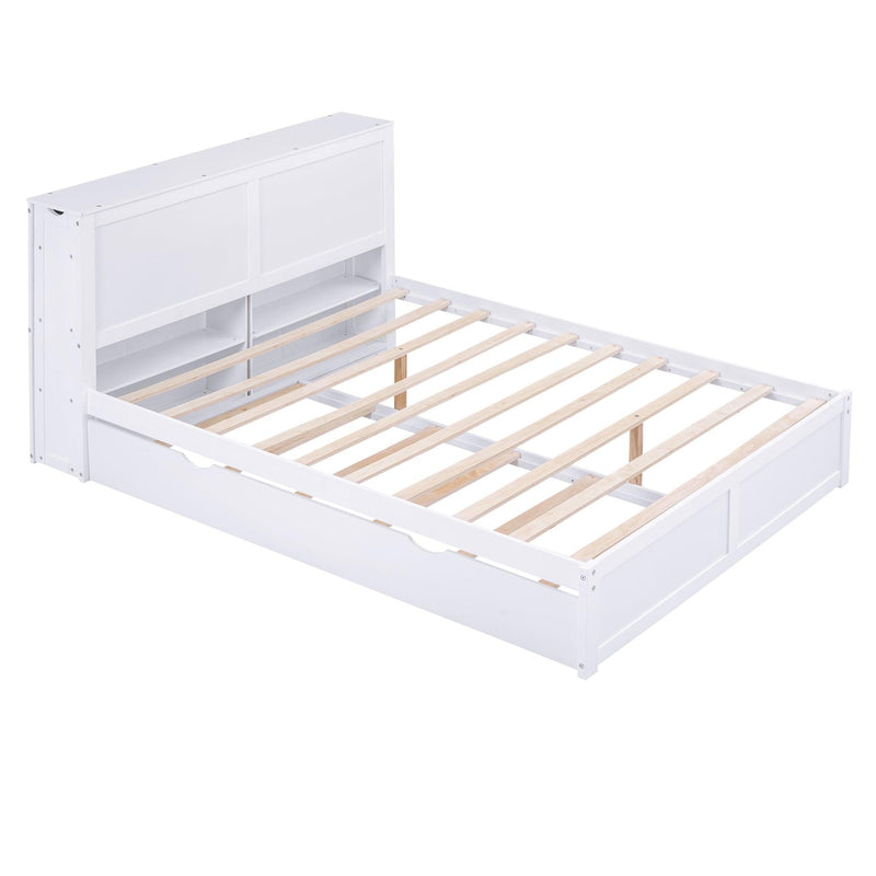 Queen Size Storage Platform Bed with Pull Out Shelves and Twin XL Size Trundle, White - Supfirm