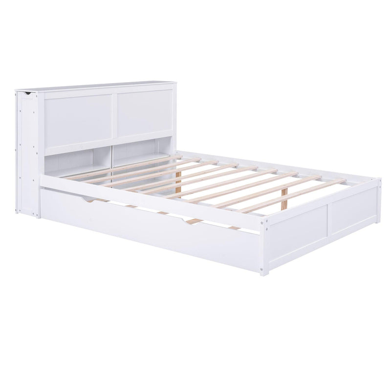 Queen Size Storage Platform Bed with Pull Out Shelves and Twin XL Size Trundle, White - Supfirm