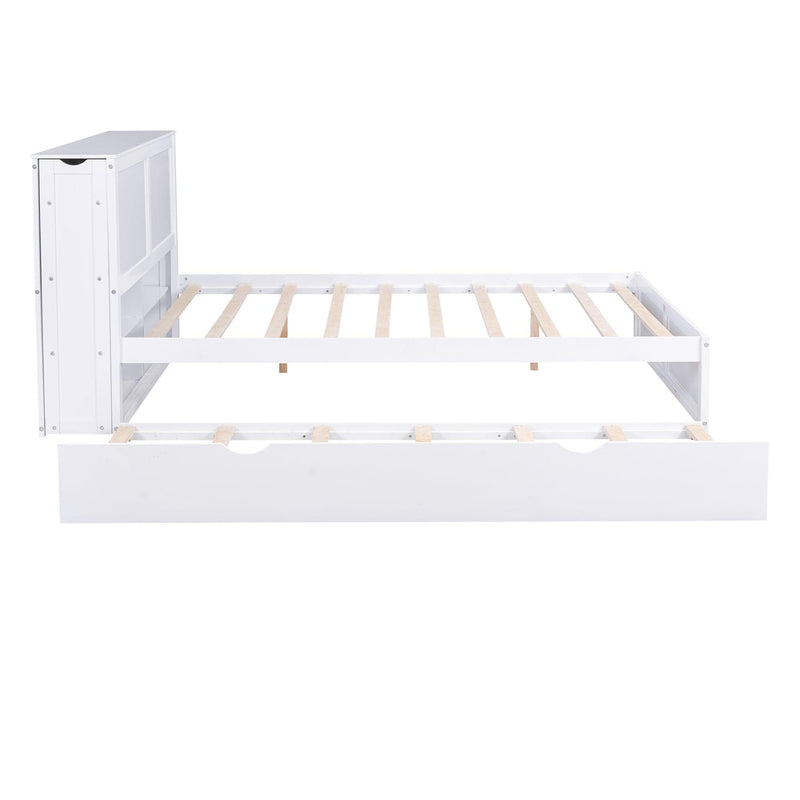 Queen Size Storage Platform Bed with Pull Out Shelves and Twin XL Size Trundle, White - Supfirm