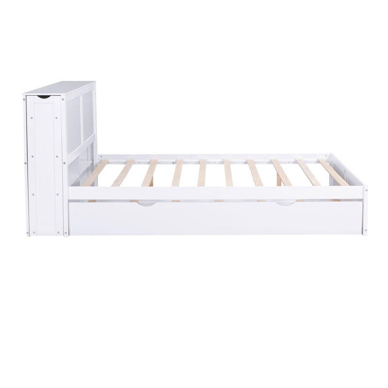 Queen Size Storage Platform Bed with Pull Out Shelves and Twin XL Size Trundle, White - Supfirm