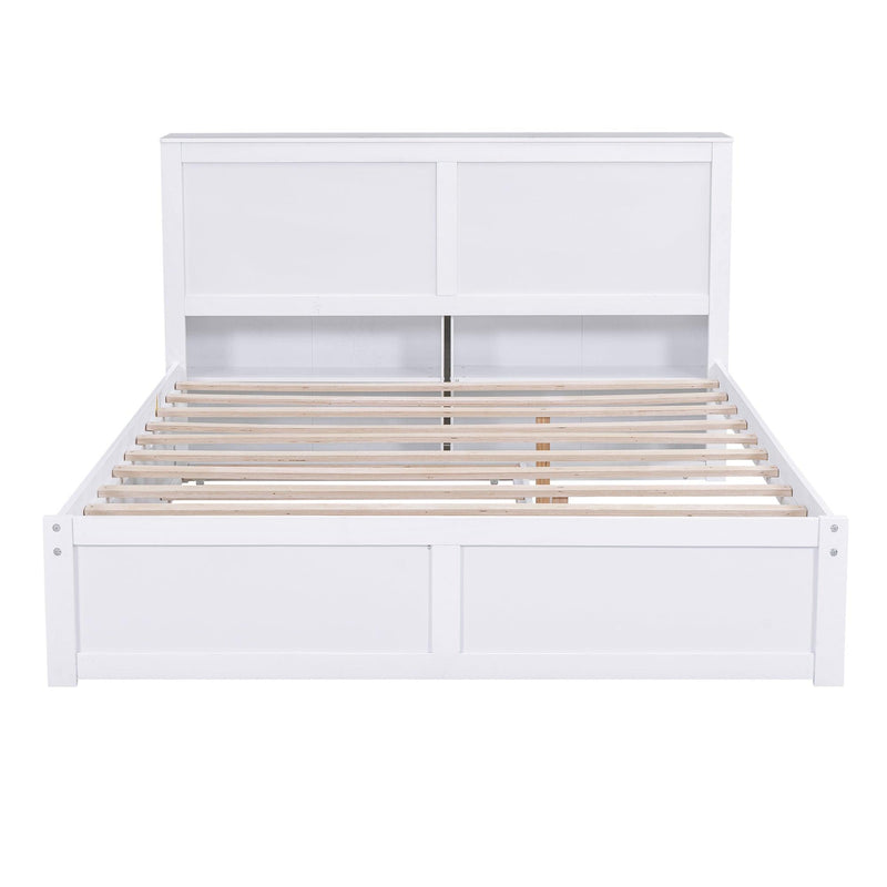 Queen Size Storage Platform Bed with Pull Out Shelves and Twin XL Size Trundle, White - Supfirm