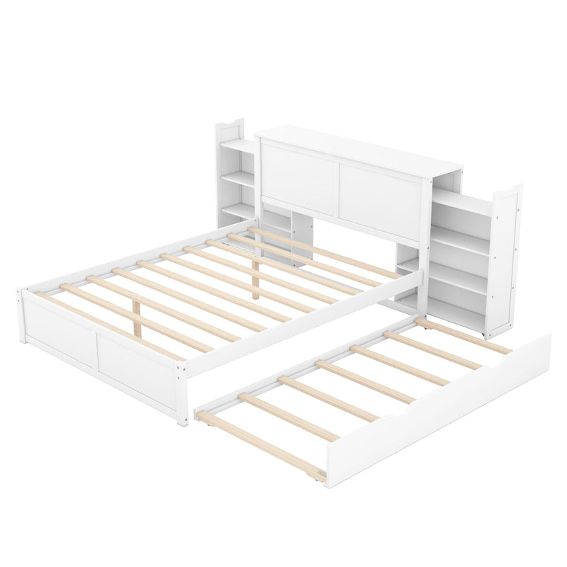 Queen Size Storage Platform Bed with Pull Out Shelves and Twin XL Size Trundle, White - Supfirm