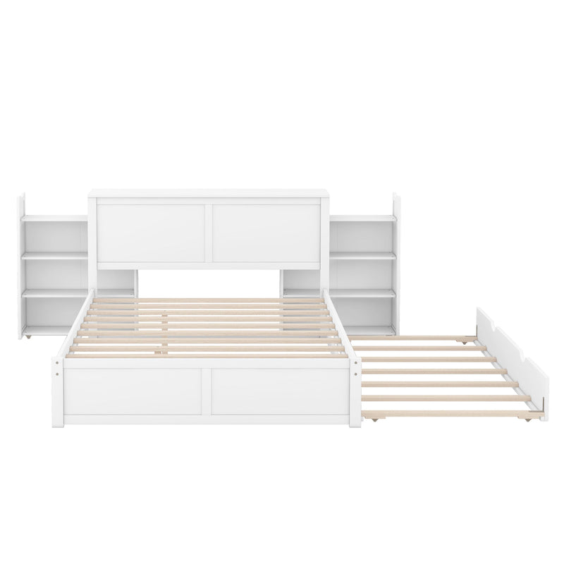 Queen Size Storage Platform Bed with Pull Out Shelves and Twin XL Size Trundle, White - Supfirm