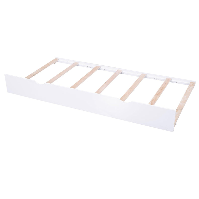 Queen Size Storage Platform Bed with Pull Out Shelves and Twin XL Size Trundle, White - Supfirm