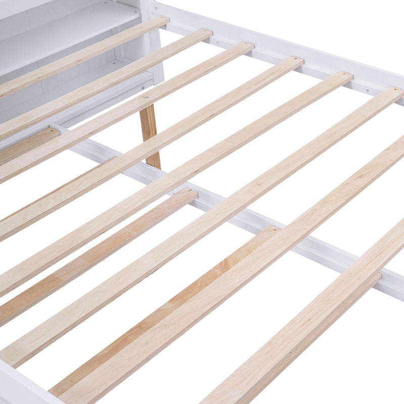 Queen Size Storage Platform Bed with Pull Out Shelves and Twin XL Size Trundle, White - Supfirm