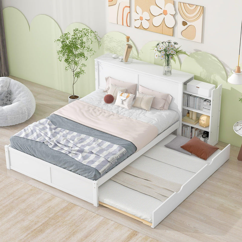 Queen Size Storage Platform Bed with Pull Out Shelves and Twin XL Size Trundle, White - Supfirm