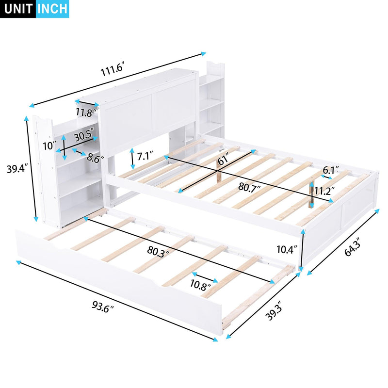 Queen Size Storage Platform Bed with Pull Out Shelves and Twin XL Size Trundle, White - Supfirm