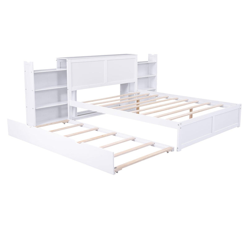 Queen Size Storage Platform Bed with Pull Out Shelves and Twin XL Size Trundle, White - Supfirm